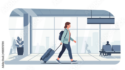 Woman traveler pulling suitcase in airport terminal, ready for vacation.