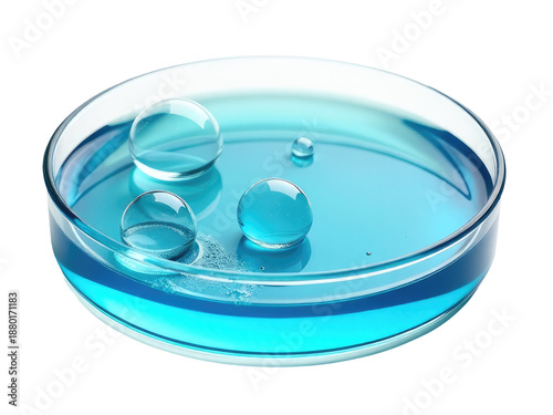 A clear blue liquid fills the bowl, with air bubbles rising to the surface