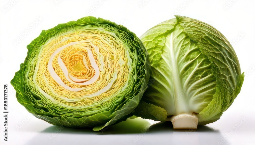 Fototapeta premium Fresh Green Cabbage Head and Half.