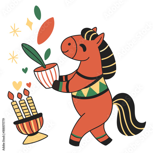Cute Silly Horse, accessorized with holding a heart, in a Kwanzaa world – Unity & Culture palette vector