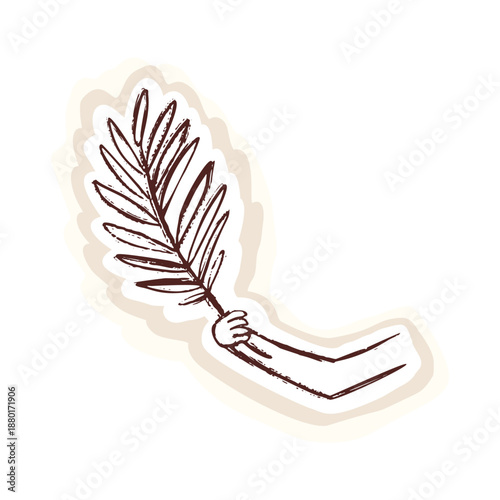 Palm sunday motif of hand waving palm leaf for entry into Jerusalem bible study. Biblical symbol hand drawn isolated vector picture for easter, lent and christian holiday gospel celebration 