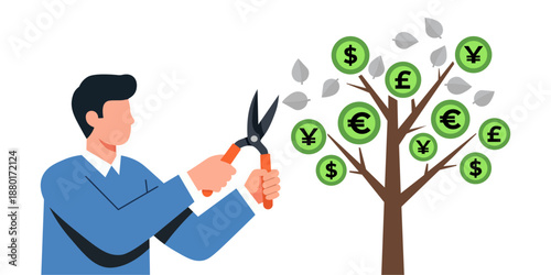 Man trims money tree laden with various currency symbols like dollars, euros, pounds, and yen