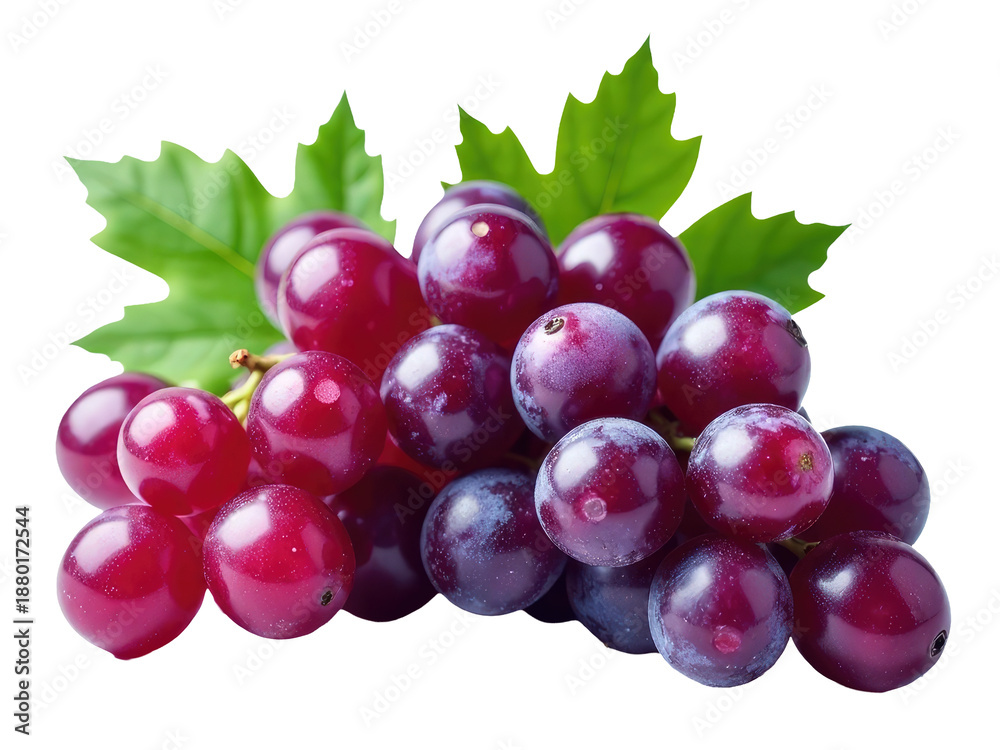 Obraz premium Fresh grapes surrounded by lush green leaves on a clean white surface, perfect for food or nature photography