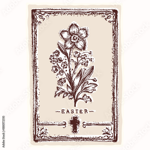 Hand drawn Easter 2026 frame with Christian spring flower cross decor. Flat vector isolated for religious card, announcement, church greeting illustration
