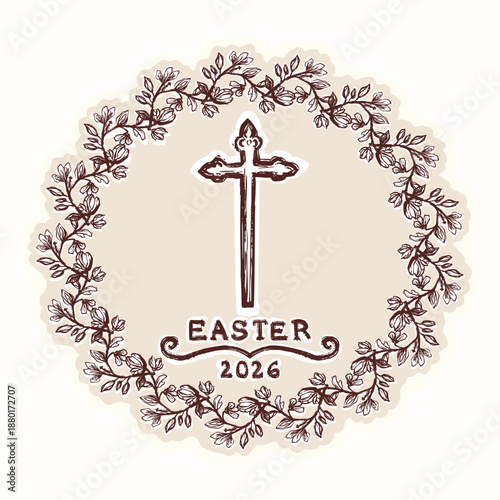 Hand drawn easter circle with christian cross motif illustration. Flat isolated vector for religious Easter 2026 design. Black and white floral faith crucifix lettering decor art icon