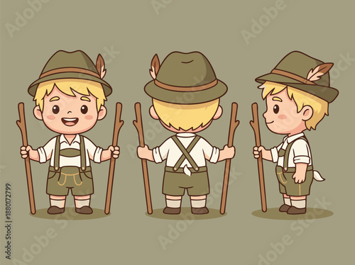 Cute cartoon boy in traditional Bavarian costume holding sticks.