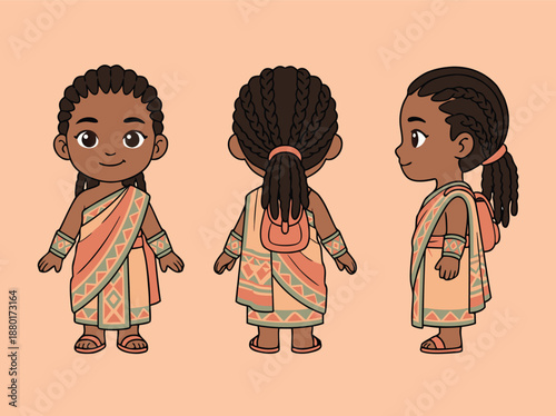 Chibi African girl character sheet with front, back, and side views.