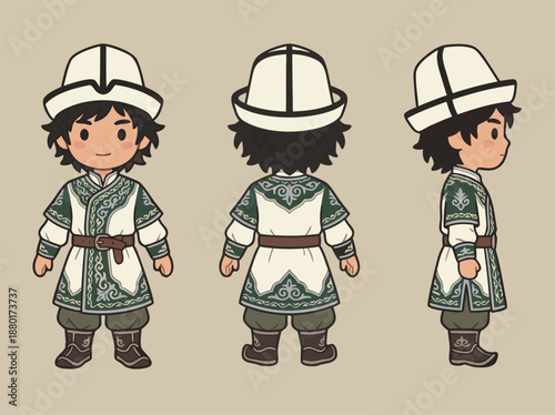 Chibi Kyrgyz Boy in Traditional Clothing.