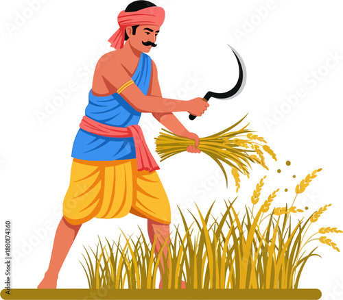 Indian Farmer Harvesting Crops with Sickle Flat Vector Illustration of Traditional Agriculture and Rural Work in India
