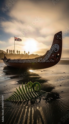 Wallpaper Mural Waitangi Day dawn ceremony, a vibrant cultural observance with a carved waka, indigenous fern, and people honoring heritage on a serene coastal landscape Torontodigital.ca