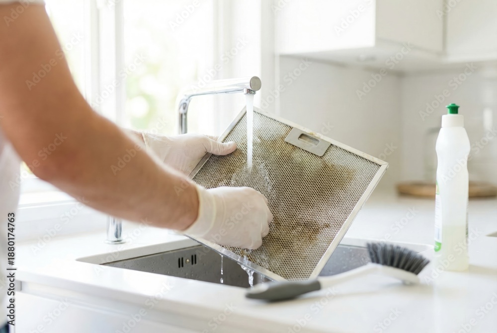 Fototapeta premium Cleaning a kitchen range hood filter in a modern home during the daytime