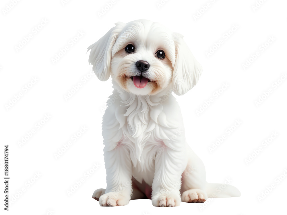 Obraz premium A small white dog sits on a white floor, ready for play