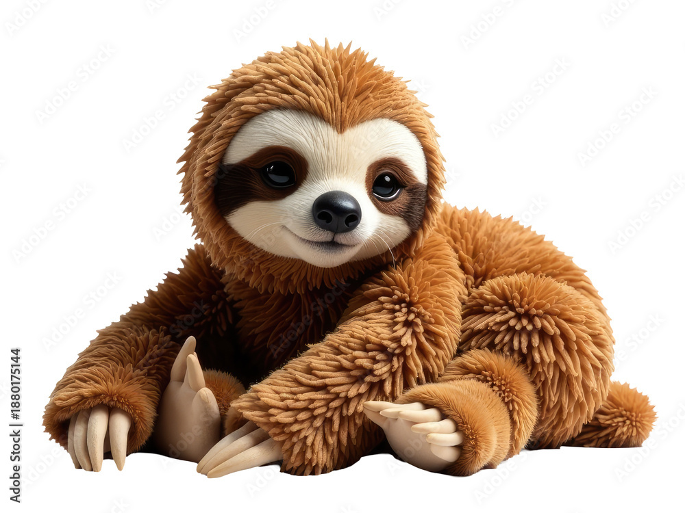 Obraz premium A cuddly stuffed sloth lying down on a white background, great for kids' illustrations or educational materials