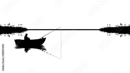 Solitary Angler on Serene Waters: A silhouette of a lone fisherman casts his line from a small boat on a tranquil lake, mirroring the calm waters, creating a peaceful moment of solitude.