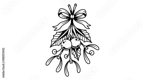 Neo-Traditional Mistletoe Sprig Tattoo Design with Plump Berries and Ribbon