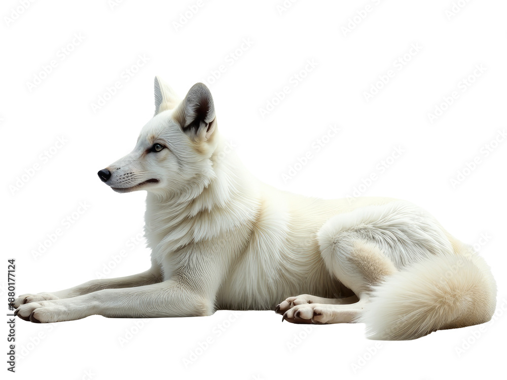 Obraz premium A white dog lying down on a white surface