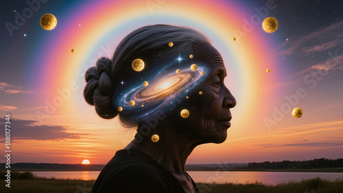 silhouette of an elderly woman's face against the background of space