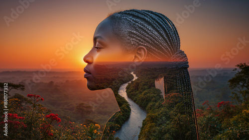 the silhouette of a girl's face against the backdrop of a river