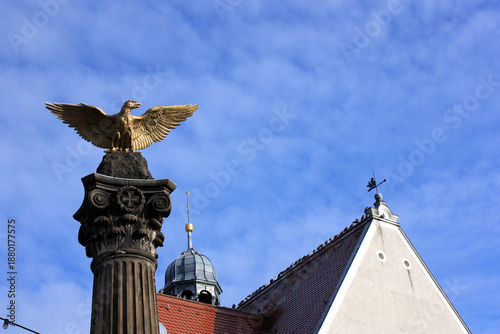Eagle of the War Memorial for the Franco-Prussian War of 1870 on the Marketplace of Kirchhain, Doberlug-Kirchhain, Germany
