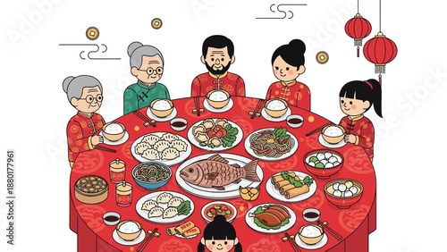 Family Enjoying Traditional Reunion Dinner for Chinese New Year