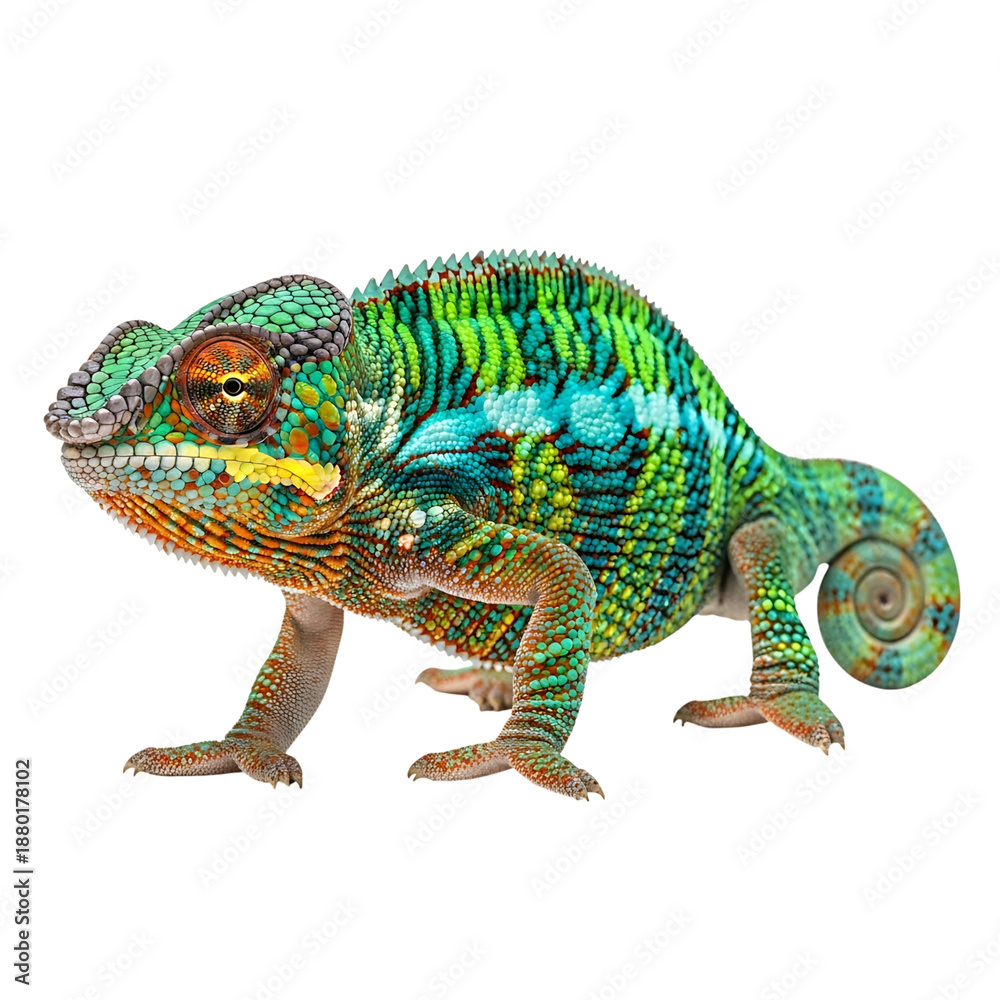 Fototapeta premium Vibrant panoramic portrait of a colorful chameleon in natural habitat