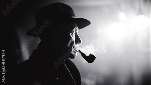 Senior man smoking pipe in film noir style