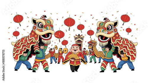 Lively Chinese Lion Dance Festival Scene with Performers and People