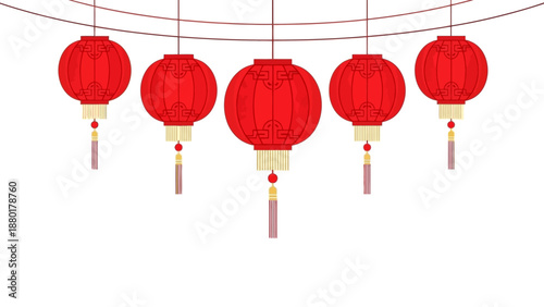 Row of Five Red Chinese Lanterns with Gold Tassels and Patterns