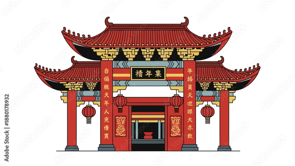 Fototapeta premium Traditional chinese temple gate with red lanterns and calligraphy