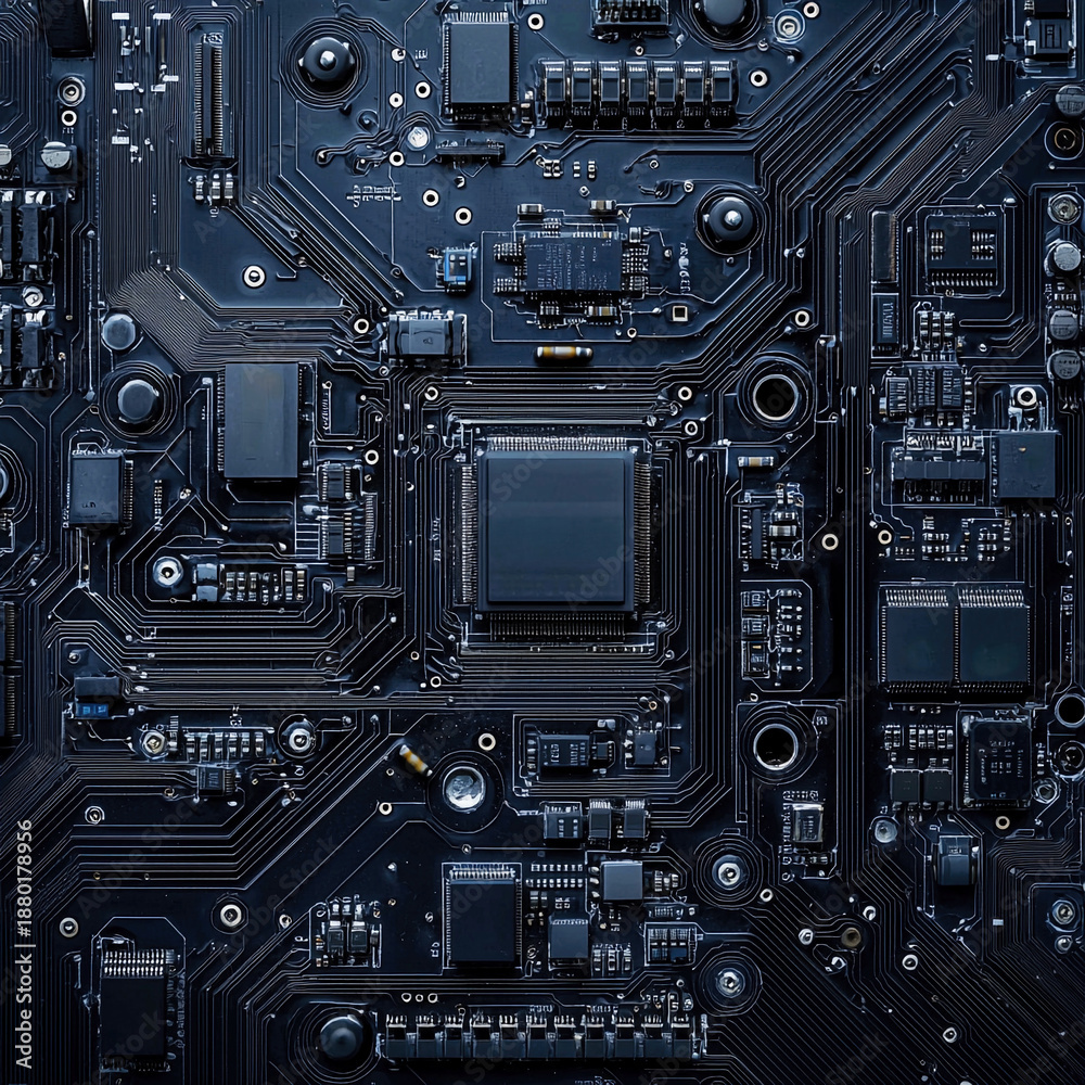 Fototapeta premium A close-up view showcases the complex layout and components of a circuit board in a dark setting