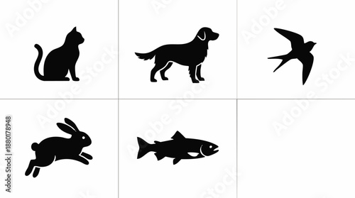 Black silhouettes of pets and animals icons set