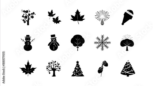 simple icon set black solid silhouette white background minimalist design vector style high resolution flat 2D seasonal and event items cherry blossoms firework