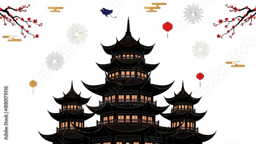 Black pagoda silhouette with cherry blossoms and lanterns