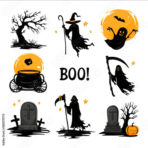 Vector set of elements for Halloween vector graphics on white background with text BOO silhouette of skeleton in black and witchs hat flying over cauldron full