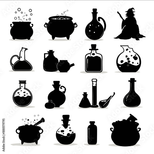 black silhouette images of witches items such as a cauldron with bubbles beakers potions bottles on a white background