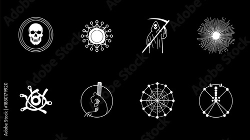 A digital vector graphic image displays ten white icons arranged in two centered rows on a black background The icons are minimal and symbolic each representi