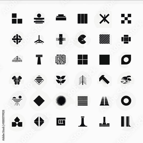 A flat frontfacing vector branding concept sheet in black and white only featuring logo designs from various industries such as fashion industrial engineering