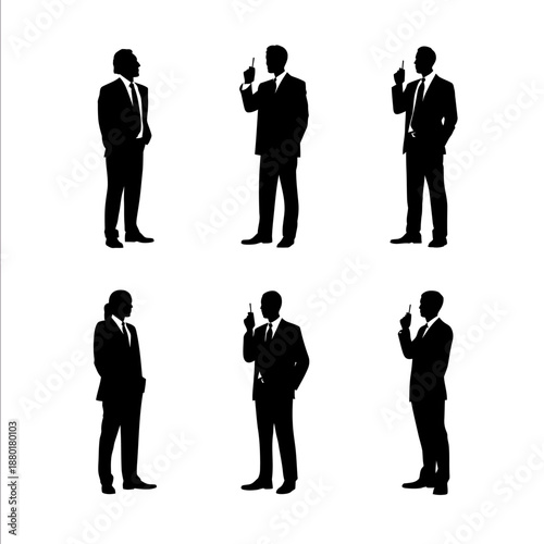 12 secret agents talking on walkie talkie shot pose silhouette flat black color isolated white background