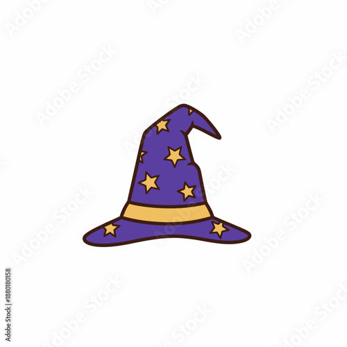 A whimsical purple wizard hat, beautifully illustrated with sparkling yellow stars and a classic pointy design. This enchanting headwear evokes magic, fantasy, and adventure for mystical themes