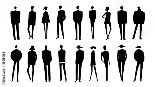 Persons sillhuettes expressive illustrations minimalistic details make it all black make variations of men woman and children white background