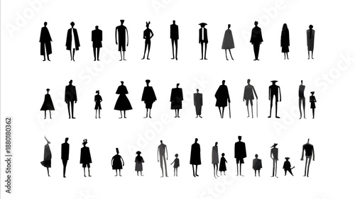 Persons sillhuettes expressive illustrations minimalistic details make it all black make variations of men woman and children white background