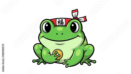 Happy Green Frog Holding Golden Fortune Coin Illustration