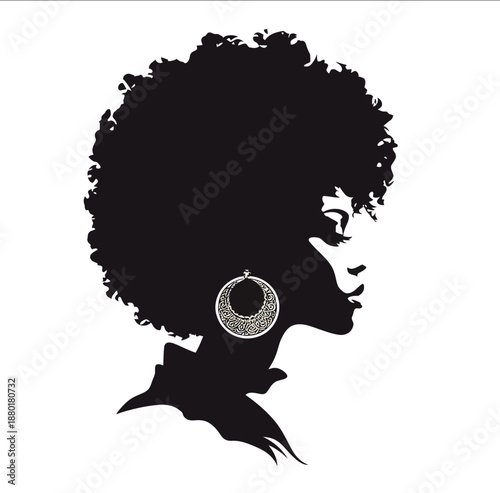 Black woman silhouette with afro hair and large earring clipart vinyl decal in the style of simple vector illustration on a white background