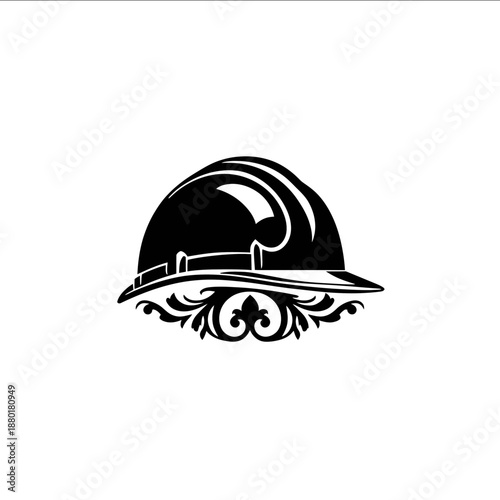 utilitarian logo a silhouette of a hard hat black with minor retro asthetic pure white background symmetrical flourishes on either side appropriate for page h