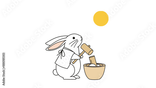 Minimalist moon rabbit pounding mochi in bowl