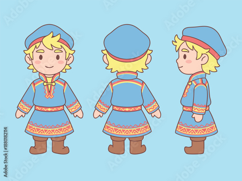 Cute cartoon boy in traditional Sami costume, front, back, and side views.
