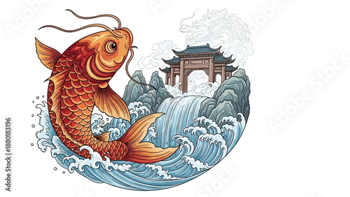 Orange Koi Fish Jumping Over Waterfall Temple Gate