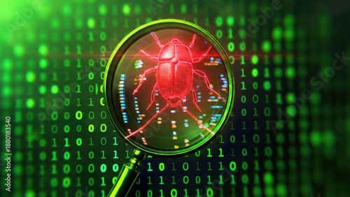 Magnifying glass red bug bounty, green binary code, identify and submit vulnerability reports