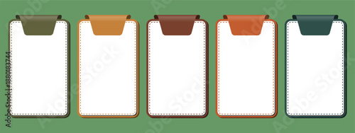 Set of five blank note cards and paper tags vector illustration in flat design style with colored tabs for business infographic steps to-do list and horizontal banners for web ui