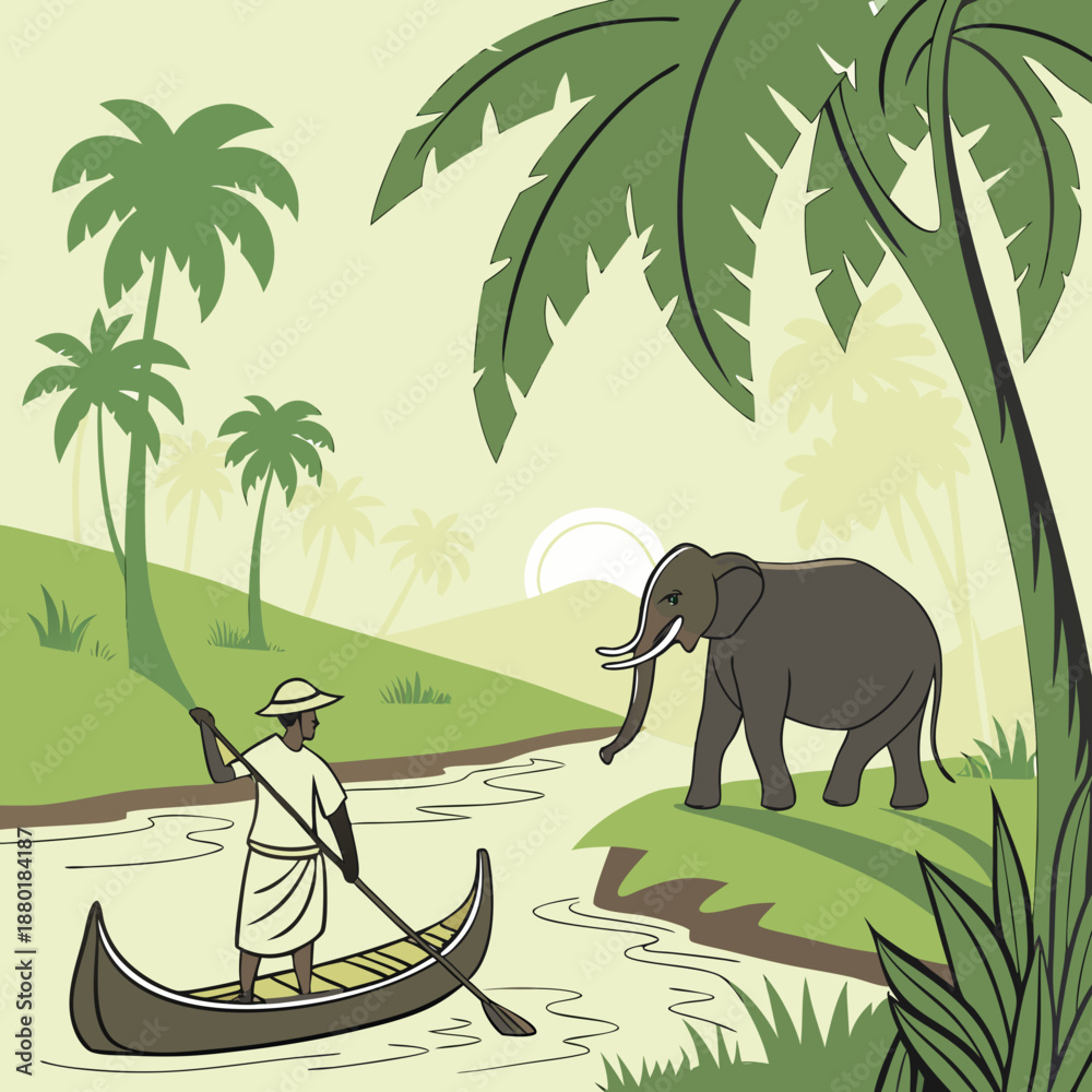 Ταπετσαρία Illustration of a boatman rowing an elephant across the river